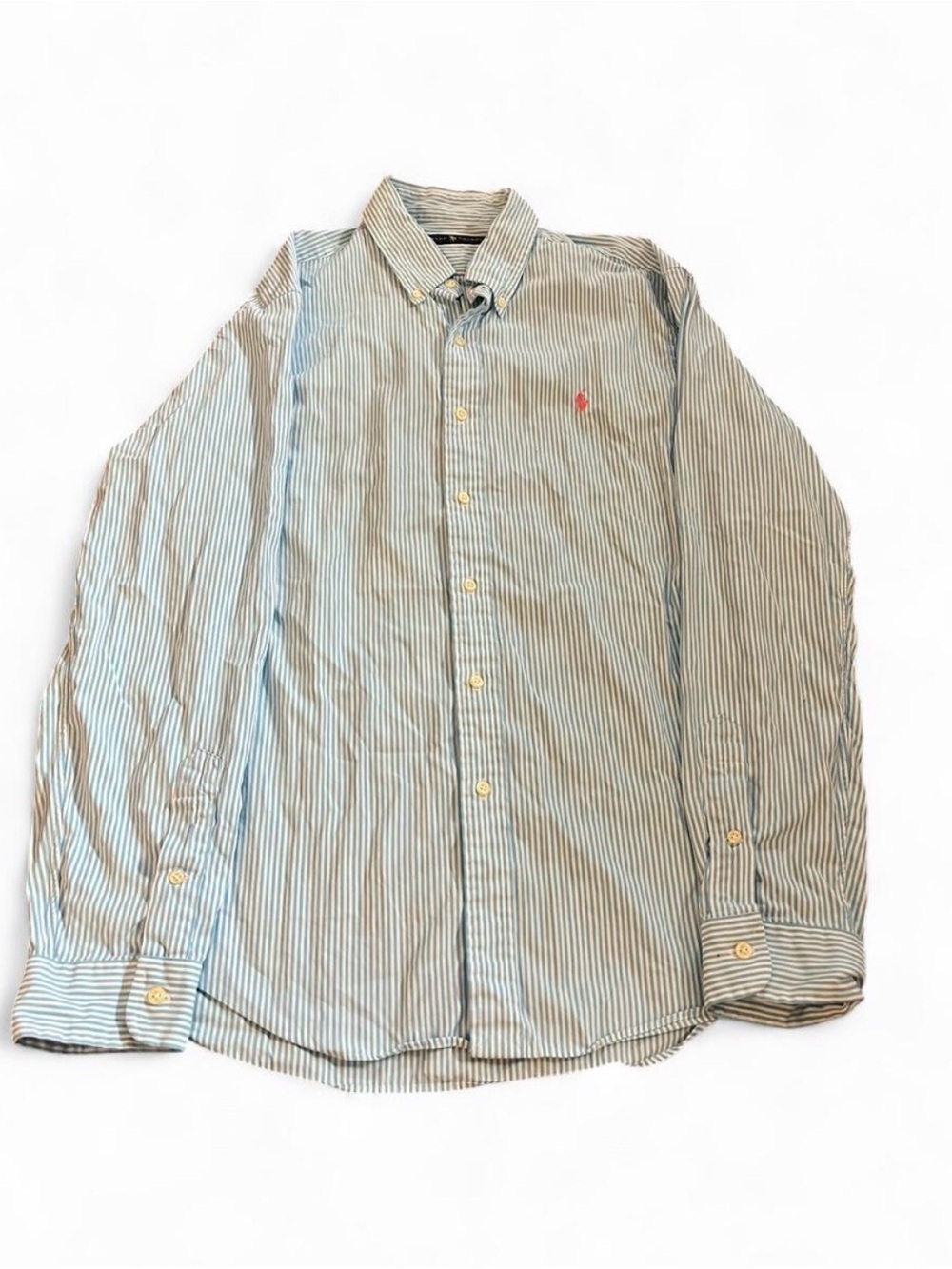 Men’s Ralph Lauren Button Down Shirt Teal/White Striped/Pink Pony Size L